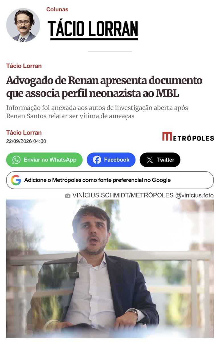 barlatti's tweet photo. Matéria fresquinha do Metrópoles reforça a tese de um elo entre o ne0n4zista “The Phallic Man” e o MBL — inclusive com informações corroboradas pelo próprio advogado de Renan Santos, conforme documento OFICIAL já registrado em inquérito policial. https://t.co/Ym8kuUgjrt