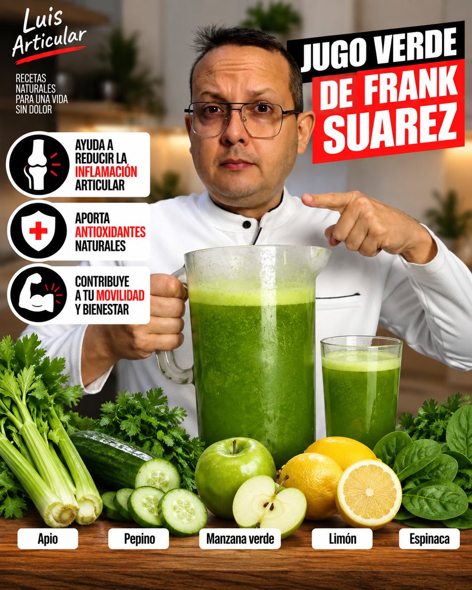 luisarticular's tweet photo. 🌿 Cinco ingredientes y listo
ㅤ
¿Has escuchado hablar del jugo verde popularizado por Frank Suárez?
ㅤ
Puedes preparar una versión sencilla con apio, pepino, espinaca, manzana verde, limón y agua.
ㅤ
🥒 Usa 1 tallo grande de apio, ½ pepino, un puñado de espinaca, ½ manzana verde, el jugo de ½ limón y 250 a 350 ml de agua.
ㅤ
Lleva todo a la licuadora y procesa hasta conseguir la textura que prefieras.
ㅤ
Un consejo: si puedes beberlo sin colar, conservarás más fibra que si separas completamente la pulpa.
ㅤ
¿Y realmente “desinflama” las articulaciones?
ㅤ
No debemos convertir una receta saludable en una promesa que no puede cumplir.
ㅤ
🥗 Ningún jugo por sí solo cura artritis ni regenera el cartílago. Lo interesante es que esta bebida facilita incorporar alimentos vegetales que aportan agua, micronutrientes y diferentes compuestos antioxidantes.
ㅤ
Puede ser especialmente útil como alternativa a refrescos y otras bebidas con mucho azúcar añadido.
ㅤ
La salud articular se beneficia de un contexto completo: alimentación equilibrada, peso adecuado cuando corresponda, músculos fuertes, movimiento adaptado, buen descanso y nutrición suficiente.
ㅤ
Por eso, en vez de buscar una bebida milagrosa, utiliza recetas como esta para construir hábitos que puedas mantener.
ㅤ
Si quieres conocer nuestro enfoque integral de alimentación, nutrición y apoyo antioxidante para las articulaciones, visita el enlace de mi perfil y conoce nuestro protocolo de salud articular.
ㅤ
#NutriciónArticular