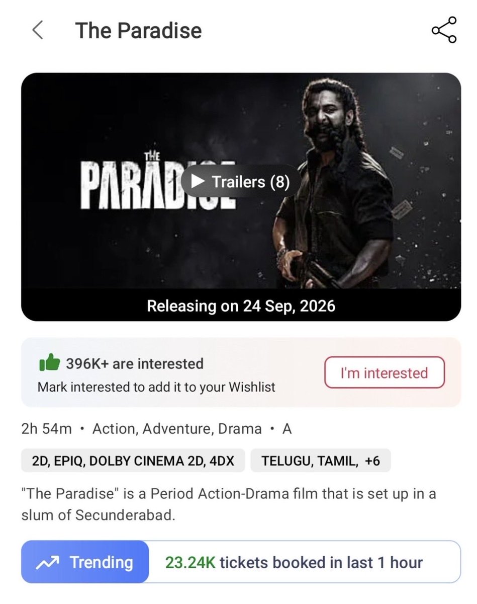 VSClubX's tweet photo. 🚨🔥 #THEPARADISE — THE MANIA IS UNSTOPPABLE!

🎟️ 23.24K TICKETS IN JUST 1 HOUR! 🤯
👀 396K+ INTERESTED!

🦅💥 THE PRE-RELEASE STORM IS MASSIVE!

#Nani #NaturalStarNani #KayaduLohar #SrikanthOdela #AnirudhRavichander #SLVCinemas https://t.co/TpjI08cQRJ