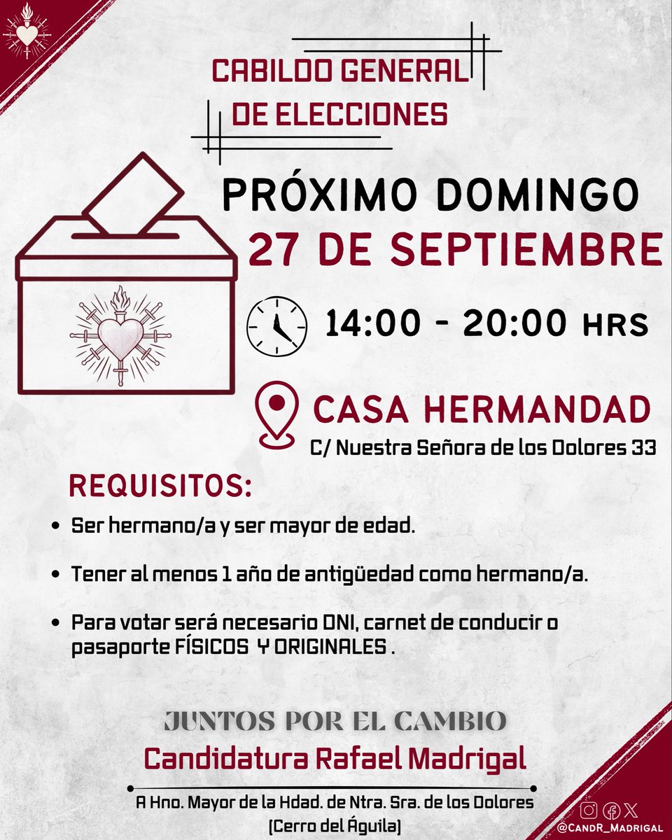 CandR_Madrigal's tweet photo. 🗓️ El próximo domingo, 27 de septiembre, de 14:00 a 20:00 horas, Cabildo General de Elecciones de nuestra hermandad.

Podrán votar aquellos hermanos/as que sean mayores de edad y tengan al menos un año de antigüedad, será indispensable mostrar el DNI, carnet de conducir o pasaporte físico y original.

🗳️ Participa y elige el futuro de tu hermandad.

🔗 https://t.co/aexuVGVRsp

#JuntosPorElCambio