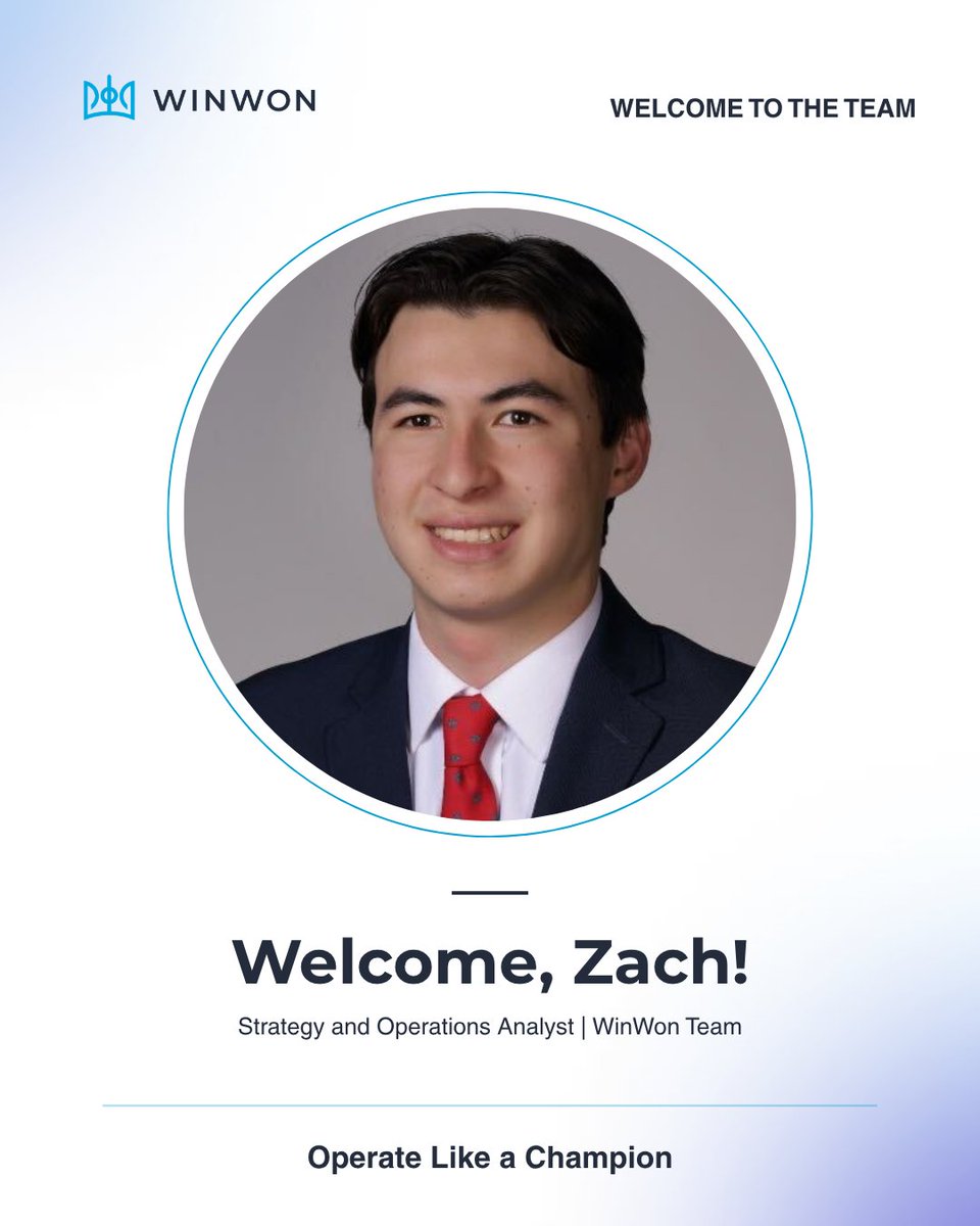 WinWonTech's tweet photo. Please join us in welcoming Zach to WinWon! 👋

We’re excited to have him joining the team as our new Strategy &amp; Operations Analyst. Welcome to the team, Zach! 🎉

#OperateLikeAChampion https://t.co/rFLA9gi0xS