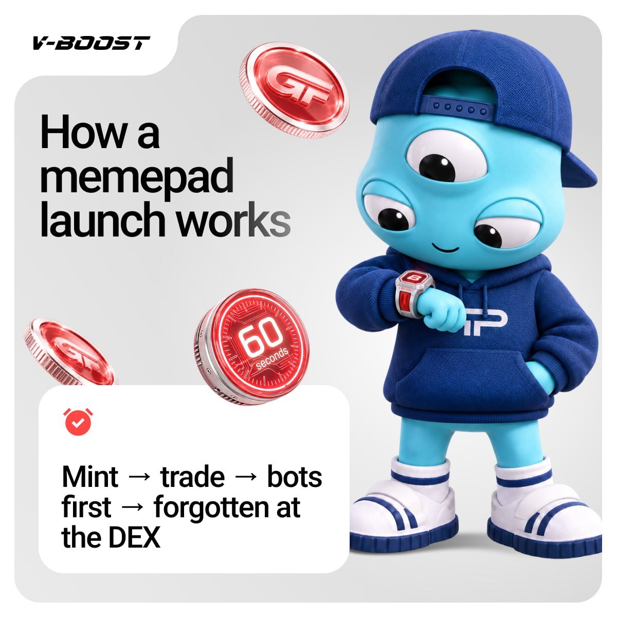 VBoostX's tweet photo. On a memepad, the chart is the first thing you see. On @gurudotfun, it's the last.

Memepad: mint → trade → bots first → forgotten at the DEX.

GuruFun: idea → community backs it → creator commits → market.

You're not exit liquidity here. You're the jury.

Live for waitlist Sept 24.