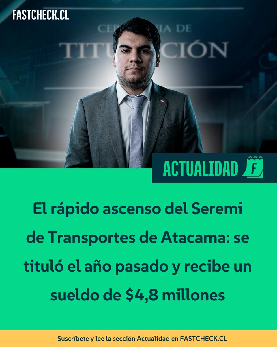 fastcheckcl's tweet photo. Hasta ahora, solo se habían conocido casos de funcionarios jóvenes que habían ingresado al Gobierno con escasa experiencia. Por primera vez, Fast Check da a conocer el caso de un representante ministerial: Javier Díaz Toro, actual seremi de Transportes y Telecomunicaciones de Atacama, quien asumió el cargo nueve meses después de aprobar su proyecto de titulación. La Seremía de Transportes de la región lo presentó como un profesional con «amplia experiencia en la administración pública». Antes de asumir como autoridad, sin embargo, Díaz registra un paso como auxiliar administrativo en un Conservador de Bienes Raíces. No se consigna, según su propio LinkedIn, experiencia laboral previa en transporte o telecomunicaciones. De acuerdo a Transparencia Activa, Díaz recibió en agosto una remuneración de más $4,8 millones.

Lee la nota aquí 👇
https://t.co/udpaRxTxbz