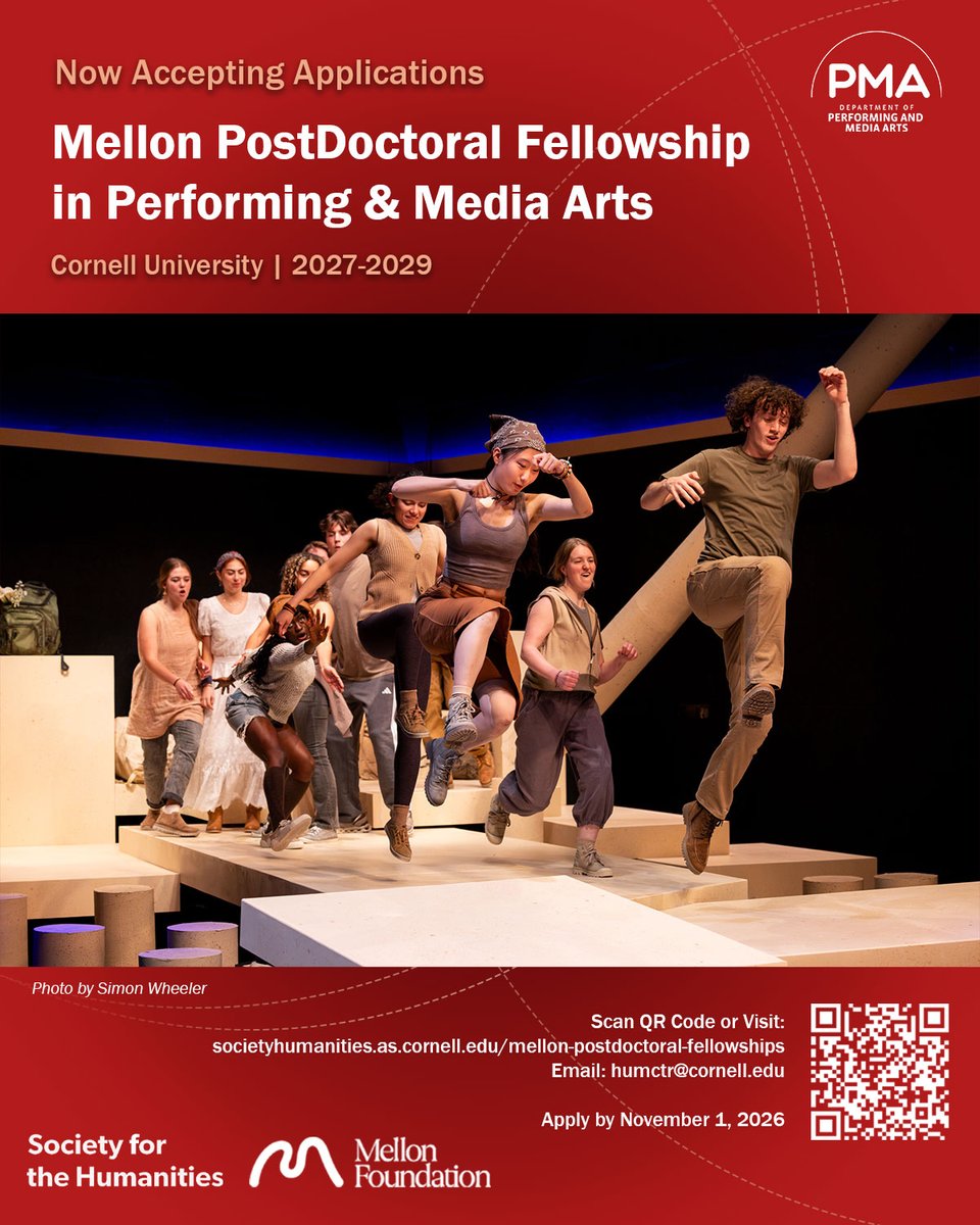 CornellPMA's tweet photo. Now Accepting Applications! Mellon Postdoctoral Fellowship in Performing and Media Arts
Academic Years 2027-2029
Application Deadline: November 1, 2026
For further information:
Visit: https://t.co/d3S7UDR7jF
📸: Simon Wheeler https://t.co/lgmAngUfYh