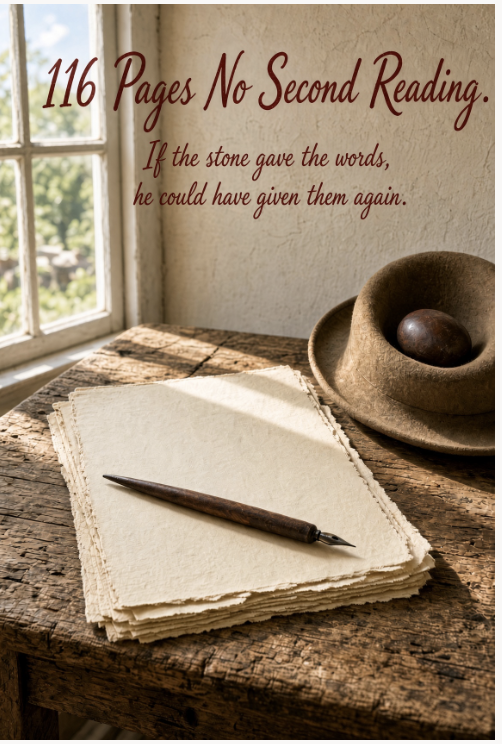 bflynnusa's tweet photo. THE 116 PAGES
No Second Reading
If the stone gave the words, he could have given them again.

Joseph Smith taught that the Book of Mormon’s English was not a story he invented. He said the words were given as he used the spectacle stones he called interpreters, later called the Urim and Thummim, or a seer stone in a hat, while a scribe wrote them down. Emma Smith and Martin Harris described that method. David Whitmer described it later. If the English was being read, it could be read again. That is the claim.

In 1828 the claim met a test.

From about April 12 to June 14, Martin Harris wrote as Smith dictated. They produced about 116 manuscript pages. That is the number Smith later gave. Smith later called this the Book of Lehi: Mormon’s abridgment of early Nephite history down toward King Benjamin. There was one copy. There was no backup.

On June 14, after refusing twice, Smith let Harris take that only copy to Palmyra. Harris was to show it to a short list of relatives, including his wife, Lucy Harris, who opposed the work. The pages disappeared. They were never printed. They were never produced in court. They were never seen again.

Smith then spoke in the name of God. A revelation now called Doctrine and Covenants 3 rebuked him for yielding to Harris. He said the plates and translation tools were taken from him. His mother, Lucy Mack Smith, later wrote that they were returned on September 22, 1828.

The decisive statement is Doctrine and Covenants 10. It says he must not translate those pages again. “Wicked men” have the manuscript. They will change the words. Then, when a second translation appears, they will hold up both copies and cry fraud. So he is to publish a different record of the same period, the small plates of Nephi, instead of the Book of Lehi.

He kept that rule. With Oliver Cowdery, from April 7 to late June 1829, he finished the Book of Mormon without redoing the Book of Lehi. He replaced the lost opening with the small-plates account now printed as 1 Nephi through Omni. Words of Mormon is the seam between that account and the rest of the book. The 1830 preface says the same thing in Smith’s own voice: the first account was stolen, and it would not be translated again.

Those sentences close the case he opened.

Smith said he must not translate the lost pages again. He said enemies had those pages and would change them. Then they would hold up their copy next to a new translation and say the words did not match. But if the stone gave the same words twice, a new translation would expose their changes. He never made that new translation.

This also reverses the burden of proof. A second dictation would not have to match a forged sheet.

If thieves stole the 116 pages and altered them, that pile of paper is not the original reading. It is a tampered copy. Ink, handwriting, erasures, and squeezed-in words leave marks. The honest test is not “Does Joseph match the thieves?” The honest test is “Does the stone give the same English it gave before?”

If God showed the words in 1828, God can show them in 1829. A new manuscript can be written in front of witnesses. If enemies then wave a different version, the answer is plain: you changed your copy; here is a new reading, done the same way as the first.

A forged sheet cannot win that fight unless Joseph never produces the second reading. Doctrine and Covenants 10 makes sure he never does. It treats the missing paper as the standard he must beat. It forbids the comparison itself.

That is the con, in his own terms.

Defenders say God was teaching humility. A rebuke can be a lesson. A ban on repeating a reading is something else. Defenders say translation is not a photocopy, so the words might come out different. Then the “wicked men” plan collapses. You cannot warn of a deadly mismatch and also say the two versions were never supposed to match.

Defenders say Lucy Harris burned the pages. That story appears decades later and is not required. She was blamed at the time. The pages vanished. Lehi was not dictated again. Those are the facts that matter.

Defenders say the small plates were prepared anciently for this loss. That is a claim inside the book. It does not change the 1828 fact: the only English of that opening disappeared, and Smith did not reproduce it.

Defenders say the 1829 dictation was too fast to invent. Speed is a different argument. It does not explain why the 1828 pages were retired instead of read again.

A man who can read the same ancient text twice has no need of that ban. A man who cannot repeat a long dictated narrative has every need of it.

By his own plain words, the seer-stone method, the warning that a mismatch would expose him, and the command not to produce the 116 pages again, Joseph Smith Jr. defined his gift so it could not be checked after the only checkable pages disappeared.

The verdict the timeline forces is this.

That is not the conduct of a translator with a stable text. It is the conduct of a man protecting a story he could not tell the same way twice. Joseph Smith Jr., deceiver.