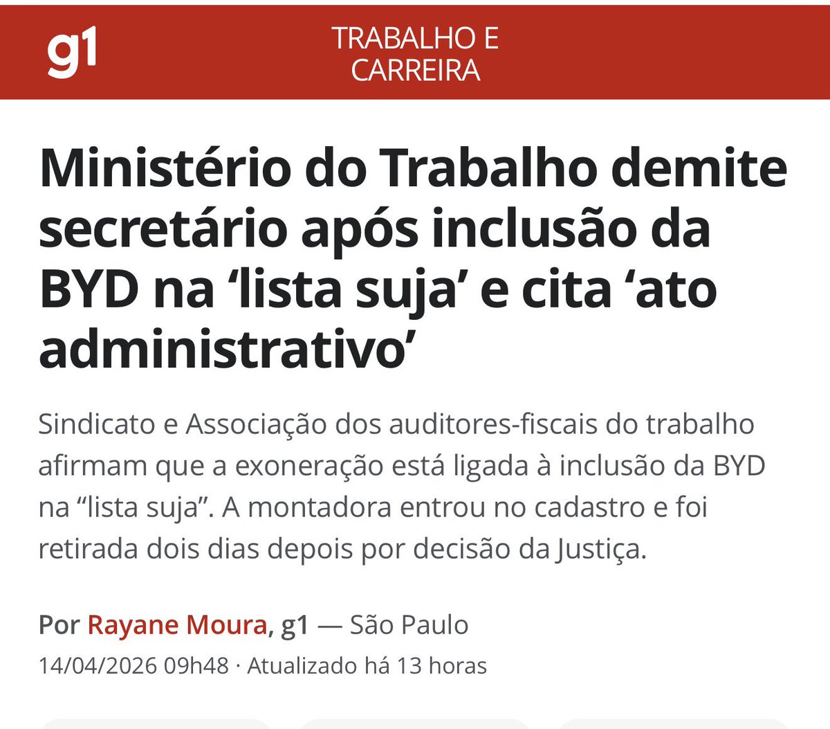 ivanildoiii's tweet photo. O Governo Lula literalmente demitiu o responsável pela lista do trabalho escravo porque ele inclui a BYD depois dos chineses serem pegos pelos auditores-fiscais do trabalho.

Lula fez o Brasil virar quintal da China. https://t.co/uxcRazLMQ9