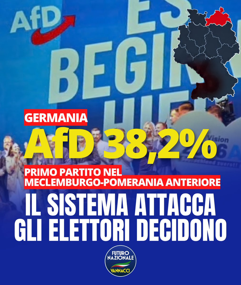 RoVannacci's tweet photo. SE ATTACCANO ME COME HANNO ATTACCATO AfD VUOL DIRE CHE SIAMO A CAVALLO.
Dopo la vittoria in Sassonia, AfD  al primo posto anche nel Meclemburgo, con oltre il 38%. 
IL SISTEMA ATTACCA. GLI ELETTORI DECIDONO. https://t.co/xRa3SMO0Vp