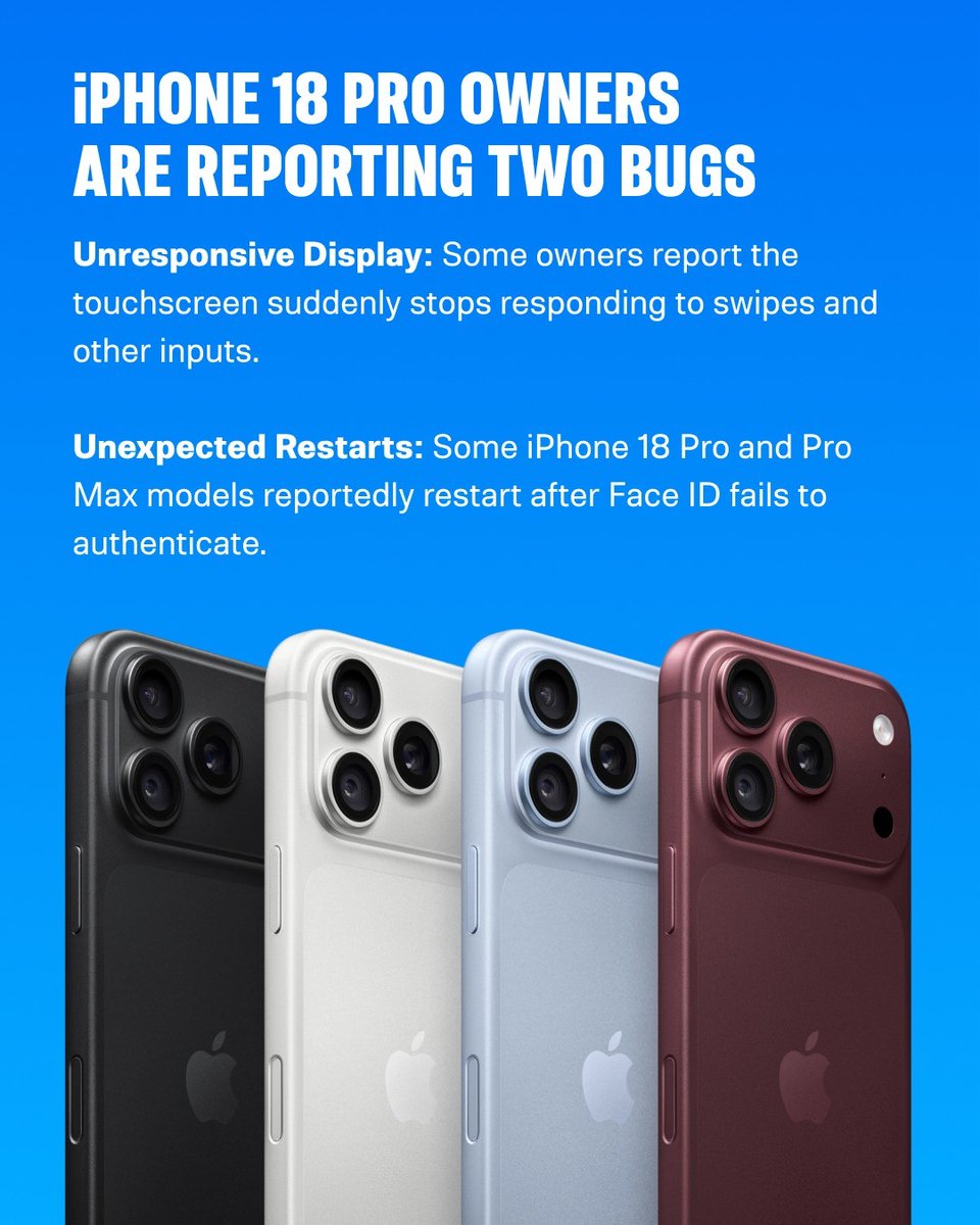 DigitalImpactt's tweet photo. iPhone 18 Pro owners are reporting a rough start. Users have flagged unresponsive displays, while others say their iPhone 18 Pro or Pro Max unexpectedly restarts after Face ID fails to authenticate.
#iphone18pro #technology #technews
https://t.co/5Gi0bdNIvw https://t.co/JRuOwpsSn1