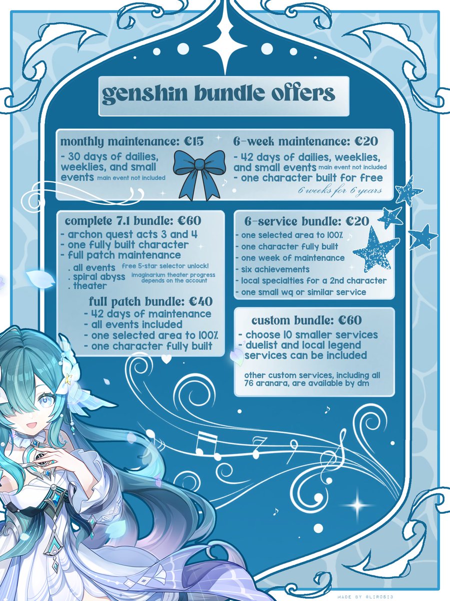 cielikes's tweet photo. 🩷 genshin 6th anniversary sale ★
‘‘ top-up + piloting · save big, wish bigger ’’

꒰ 🌷 ꒱ top-ups:
ෆ. 6480 gc $68 · first 3
⤿ all-in-one $155

꒰ 🐰 ꒱ piloting:
ෆ. services from €6 + €60 bundles
⤿ save up to 50%

limited slots • check pics for details 

open a ticket to avail:
https://t.co/NCj32v8KDr