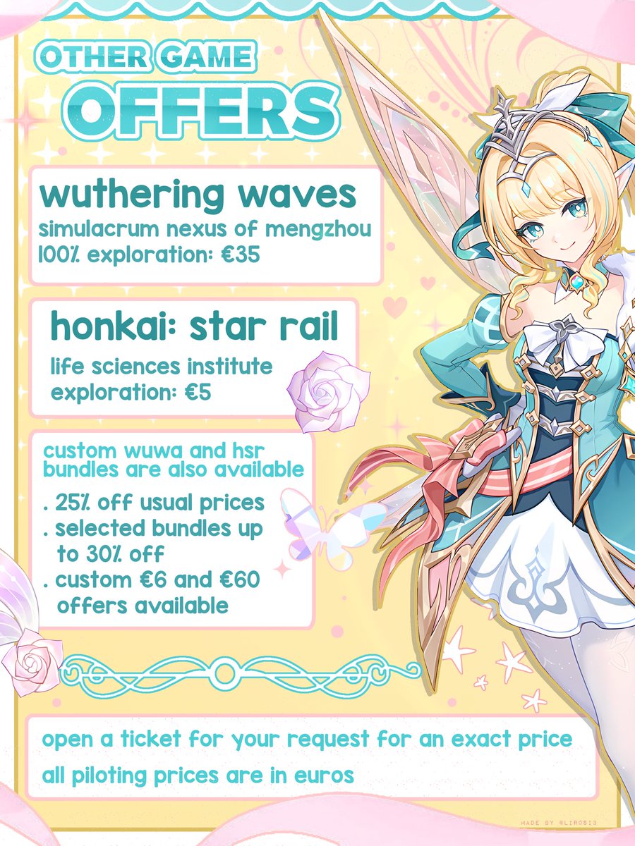 cielikes's tweet photo. 🩷 genshin 6th anniversary sale ★
‘‘ top-up + piloting · save big, wish bigger ’’

꒰ 🌷 ꒱ top-ups:
ෆ. 6480 gc $68 · first 3
⤿ all-in-one $155

꒰ 🐰 ꒱ piloting:
ෆ. services from €6 + €60 bundles
⤿ save up to 50%

limited slots • check pics for details 

open a ticket to avail:
https://t.co/NCj32v8KDr