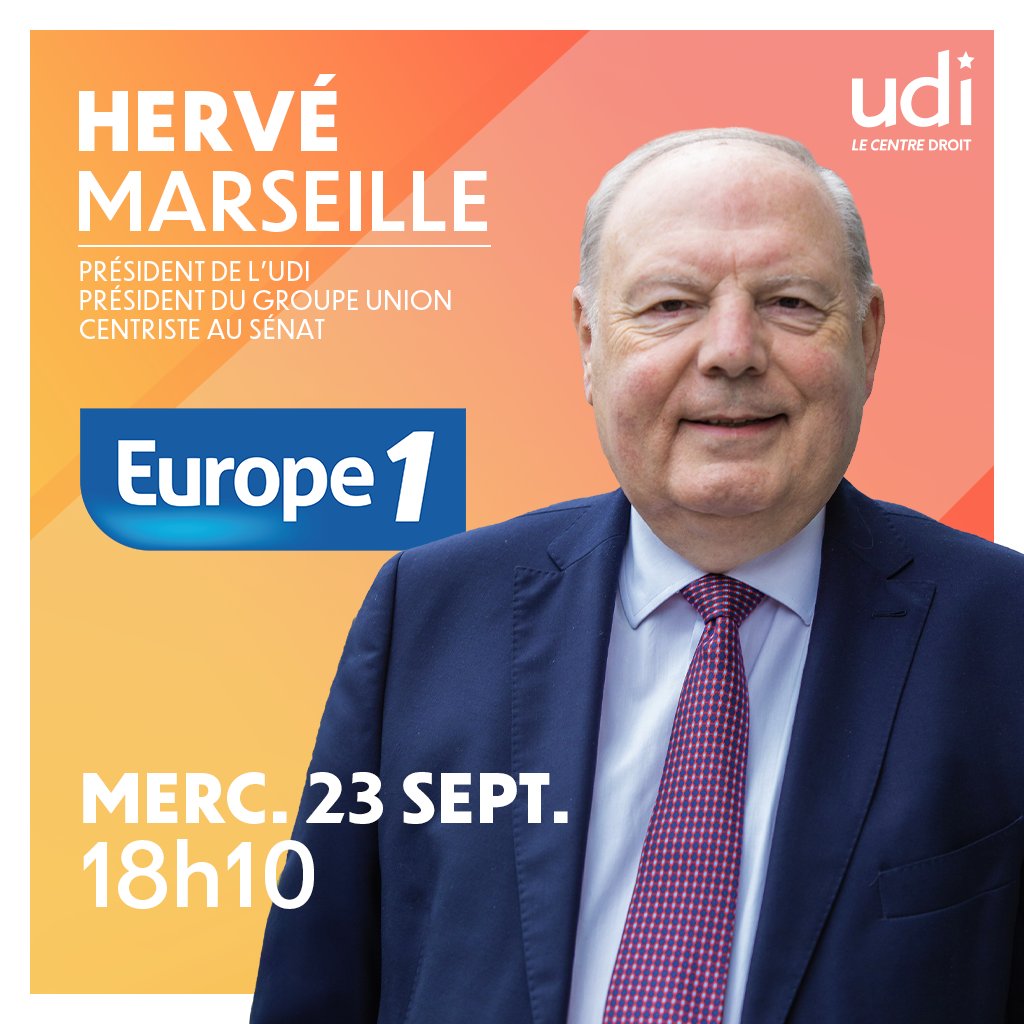 UDI_off's tweet photo. Retrouvez @HerveMarseille, Président de l'UDI et Président du groupe @UC_Senat, au micro de
@Pierredevilno sur @Europe1 à 18h10, ce mercredi 23 septembre. https://t.co/ooOgHv2HRH