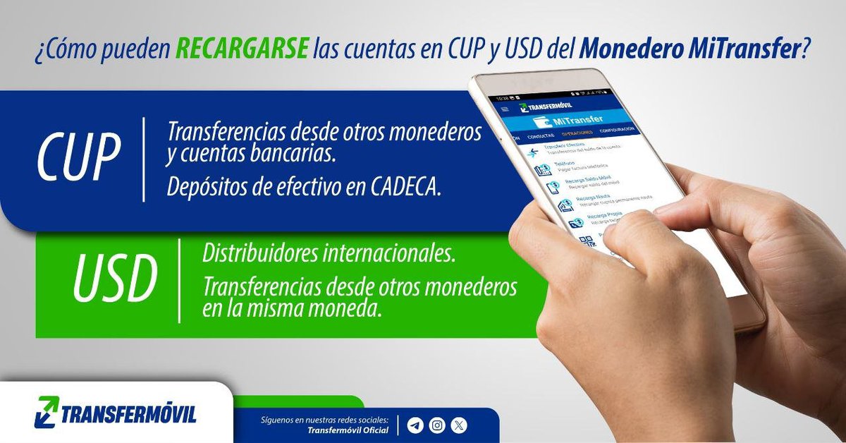 Avilacomunica's tweet photo. 🇨🇺 Cuenta en CUP:
🔹 Transferencias desde otros monederos MiTransfer
🔹 Transferencias desde cuentas bancarias
🔹 Depósitos de efectivo en CADECA
#MiTransfer https://t.co/qSHEFQBsdJ