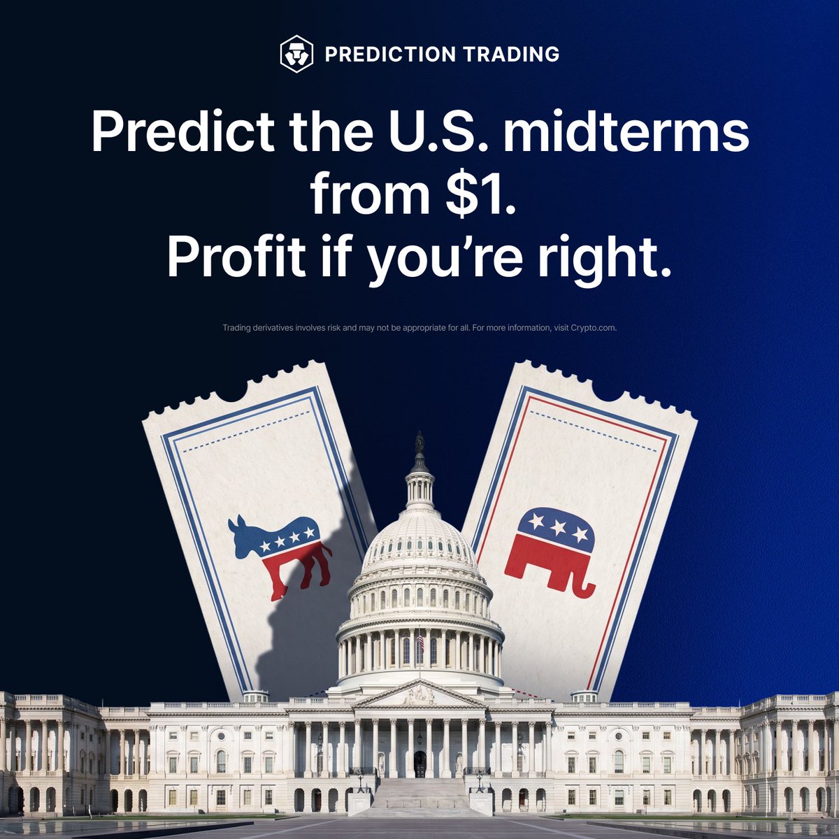 cryptocom's tweet photo. Politics moves fast, trade the momentum.  

Turn your midterm calls into live trades with https://t.co/w0F6Ou1aBB Prediction Trading.  

Make your move 👉 https://t.co/uxiJWJ3FUa https://t.co/eYpetgwhbB