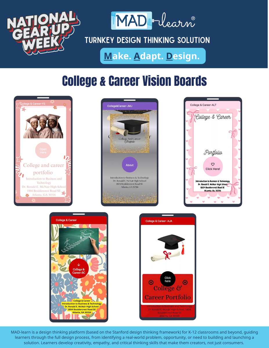MADLearn's tweet photo. From exploring colleges and careers to thinking about majors, interests, and what’s next, these MAD-learn projects offer a glimpse into how students envision their futures. Check out these great examples of students bringing their college and career dreams to life. #GEARUPworks https://t.co/hxM6B4qPEN