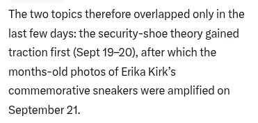 foundring1's tweet photo. Weird how discussion of the shoes worn by Charlie Kirk's security team went viral and then immediately an old image of Erika Kirk's shoes started trending to muddy the search results on that topic🧐

They do this all the time btw.

I even coined a term for it: "Semantic dilution" https://t.co/2tUDKik1Xo