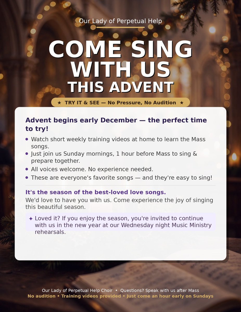 PastorateLady's tweet photo. Choir and Music Ministry Recruitment taking place at Our Lady of Perpetual Help. 

“ we need to fill our chairs. It’s pretty easy. We will pre-record rehearsal videos and ask those who are interested to just show up an hour before mass on Sunday. If they stay with us after Christmas, we can invite them into our Wednesday night rehearsals. Perfect way to try Choir without feeling the pressure of a long-term commitment.”
