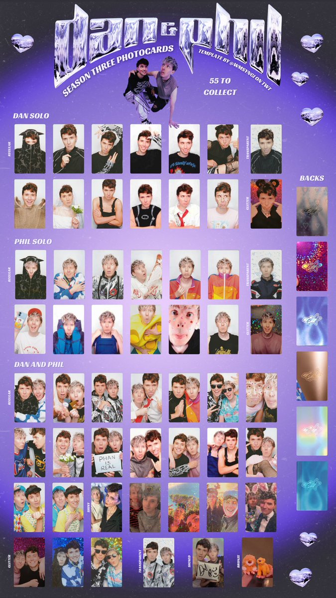 wmsyngi's tweet photo. aaaaand finally - COMPLETE 55/55 DAN AND PHIL SEASON 3 PHOTOCARD TEMPLATE !!!

free to use as always but credit appreciated!💜

it’s far from perfect but I’ve tried my best 🦁 might update this if I find higher quality scans/pics

dnp pc pcs s3 hard launch tour 🚀 https://t.co/ApP6JbsQXy