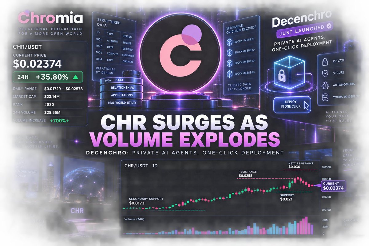 blockvia_'s tweet photo. CHR just surged 35.8% as trading volume expanded more than 700%. 🔥 

Chromia’s recent Decenchro launch adds an AI-agent catalyst, but no single event fully explains the rally. 

Subscribe for more. 
#Chromia #CHR #CryptoNews #AIcrypto #Altcoins https://t.co/we6h2a48Os