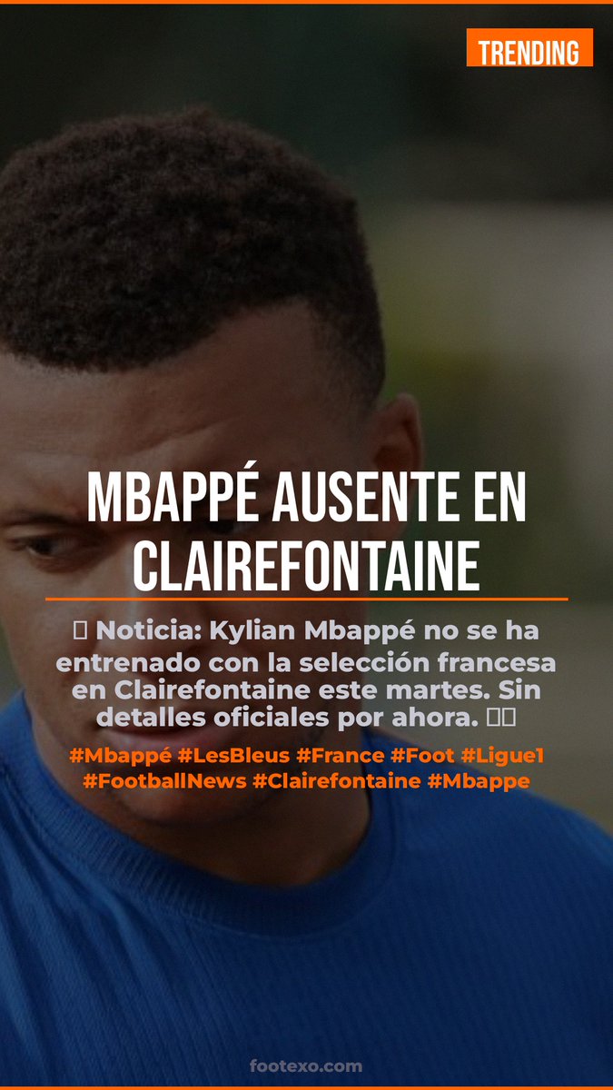 LaLigaLive26's tweet photo. 🚨 Noticia: Kylian Mbappé no se ha entrenado con la selección francesa en Clairefontaine este martes. Sin detalles oficiales por ahora. 🇫🇷 #Mbappé #LesBleus #Futbol https://t.co/6sUDEVNZVh