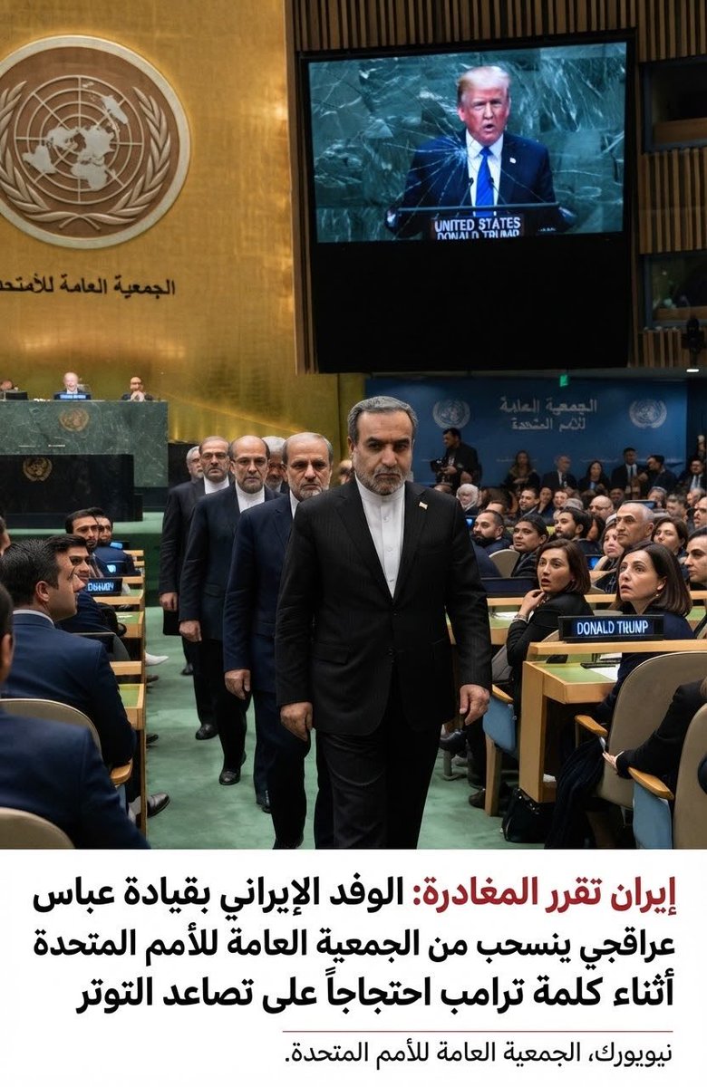 MHsyn23710's tweet photo. غادر الوفد الإيراني برئاسة عباس عراقجي قاعة الجمعية العامة للأمم المتحدة الذي أقيم في نيويورك ، خلال إلقاء الرئيس الأمريكي دونالد ترامب كلمته، في وقت تشهد فيه العلاقات بين واشنطن وطهران توترا متصاعدا. https://t.co/0ZVvqYHDgQ