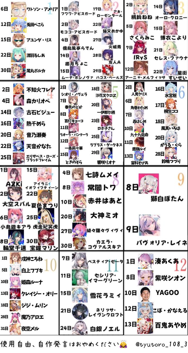 tyutoro_108_3's tweet photo. ♡ホロメン誕生日早見表♡
アソビ⭐︎まわり隊！がデビューするので最新版です！！一部修正しておりますので改めて保存することをおすすめします🎶💘
また、誤りがある場合は教えていただけると助かります🙇‍♀️
#ホロライブ https://t.co/3PP70DsRcG