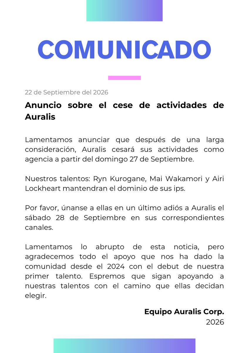 AuralisCorp's tweet photo. [Anuncio sobre el cese de actividades de Auralis] https://t.co/Pb8n0R2y8h