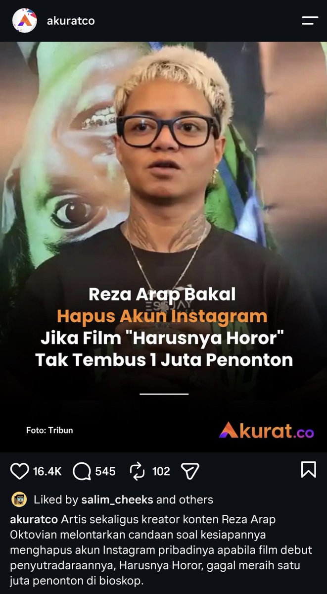 MiskinTV_'s tweet photo. Jumlah penonton film Harusnya Horor tidak mencapai target yang diprediksi/diyakinin oleh sang Sutradara sekaligus pemain Reza Arap.

Sebelum rilis, ia sangat yakin filmnya akan mudah mencapai 1juta penonton. Bahkan ia berceloteh akan menghapus akun IG pribadinya jika film ini tak tembus target 1juta penonton.

Faktanya film ini hanya meraih 600rb-an penonton saja.