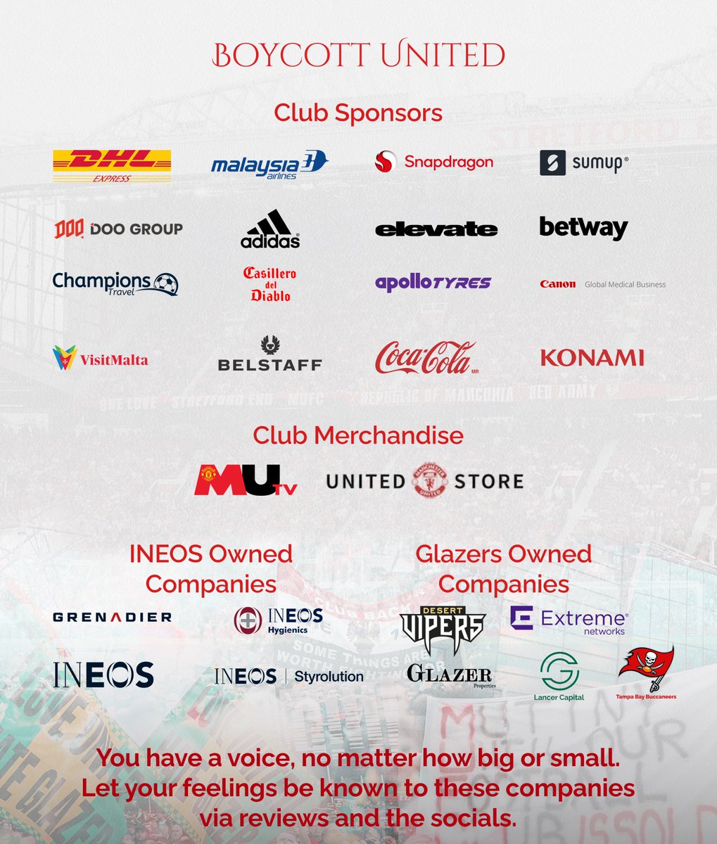 UtdJBT's tweet photo. 21 years of negligence and profiteering

They laugh at our protests and ignore our voices

So hit them where it hurts, their pockets.

Stop spending, cancel MUTV, boycott sponsors

We are not customers. We are Manchester United

#BoycottUnited #GlazersAndIneosOUT https://t.co/571OMoh8sU
