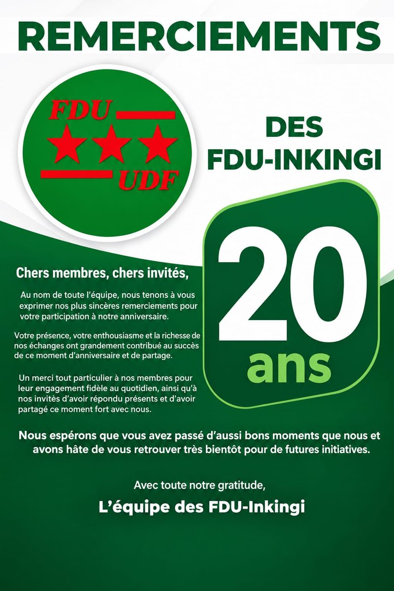 RWALINDAP's tweet photo. Nos remerciements à vous tous/toutes qui avez participé à notre anniversaire des 20 ans des @FDU_Inkingi.
Merci d'être venus vous unir à ce moment fort de notre parti politique. https://t.co/o7Nz8PLq8G