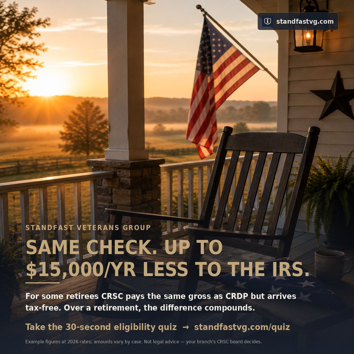 StandfastVG's tweet photo. Same gross retirement check. A very different number after taxes.

CRDP is taxable. CRSC is not. For some retirees that gap runs into the thousands a year.

Run your numbers: https://t.co/0IoG4N8zdG

Your branch decides. #CRSC #CRDP https://t.co/ahdTGW1Luu