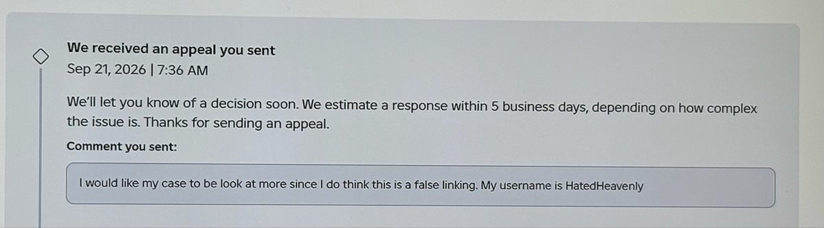 HatedHeavenly's tweet photo. Day 20… of my account being falsely terminated. I sent an appeal but have yet to receive a response. So I made a ticket and yet have received a response from @Roblox 

#roblox #help https://t.co/XcGlm4ZpFP