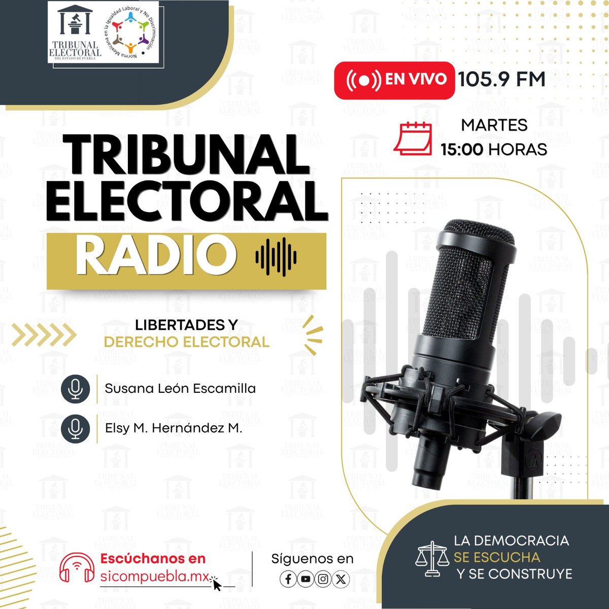 trielecpue's tweet photo. #Escúchanos en Tribunal Electoral #Radio 🎙🏛, un espacio donde difundimos las acciones que realizamos como organismo jurisdiccional y donde conocerás más sobre la impartición de justicia electoral en el estado. ⚖️ 🤍

🕞 15:00 horas
📻105.9 FM 
🌐 https://t.co/vxTPFpZnAX https://t.co/NlsHgpuWuy