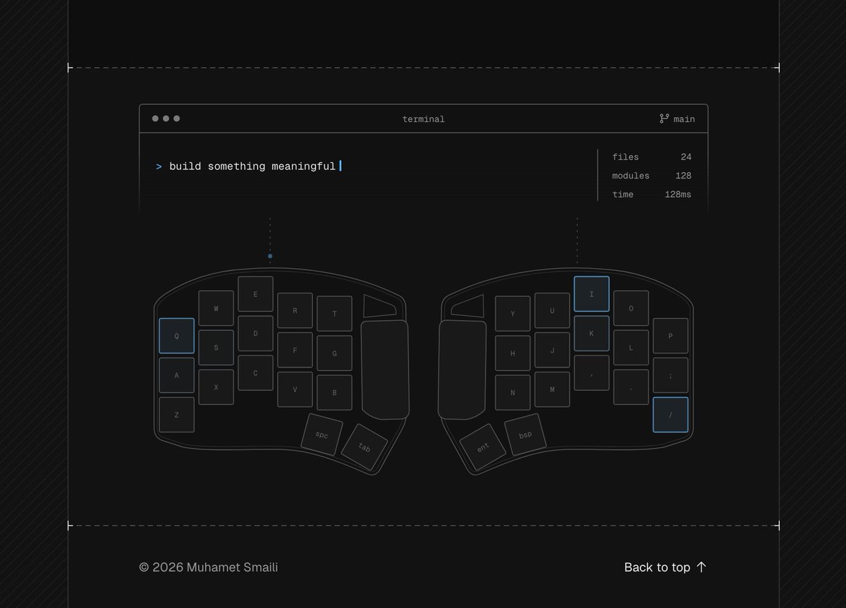altinsmaili's tweet photo. designing a footer for my brother’s portfolio @smaili__

he loves keyboards, so i based it on one of his split keyboards https://t.co/Gl0up9gyOH