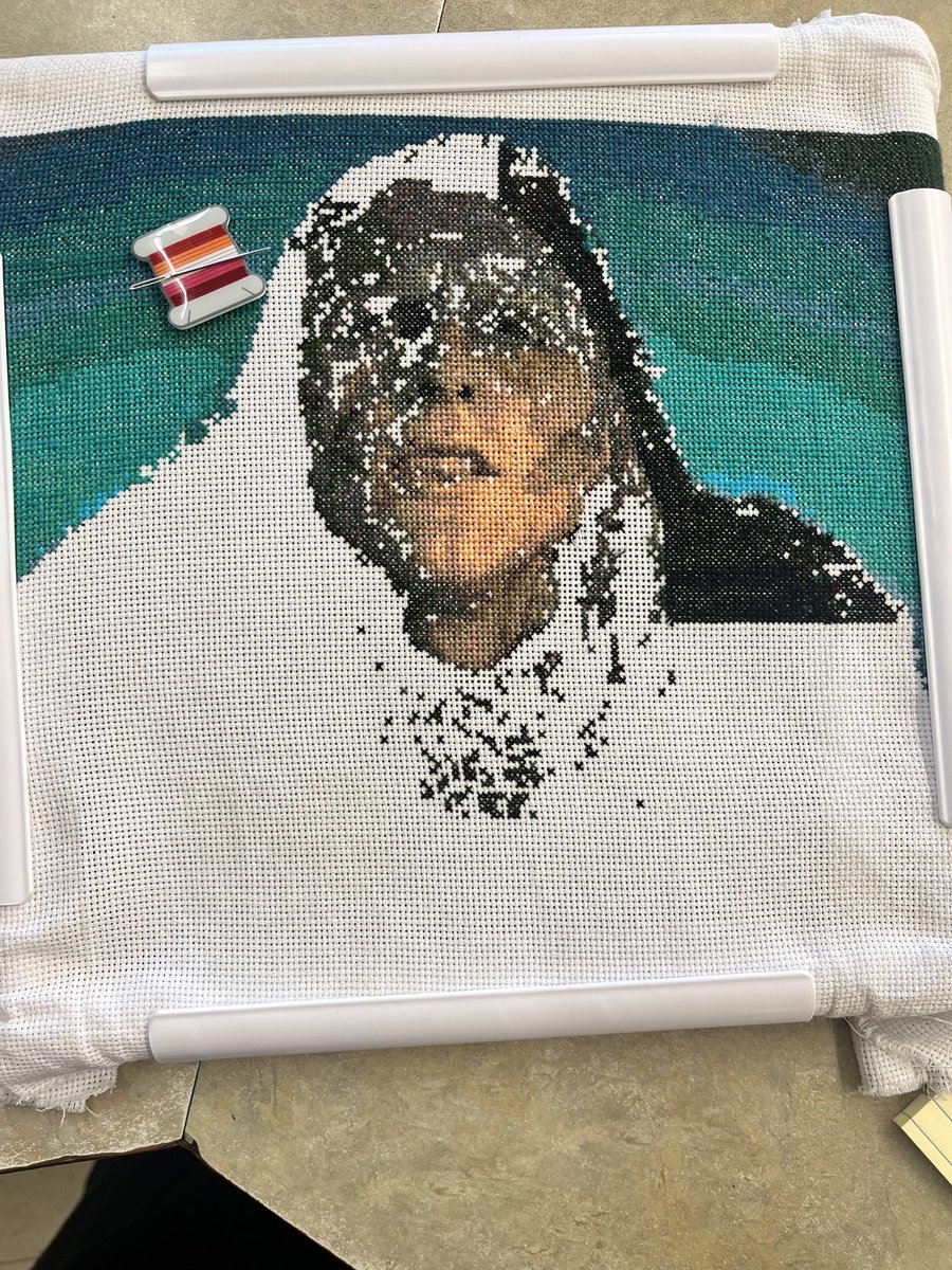 SWIFTIN0F's tweet photo. frankenstein cross stitch update!! 

i’m just over halfway done!! you can really start to see some of his facial features! https://t.co/tmTaQ445YF