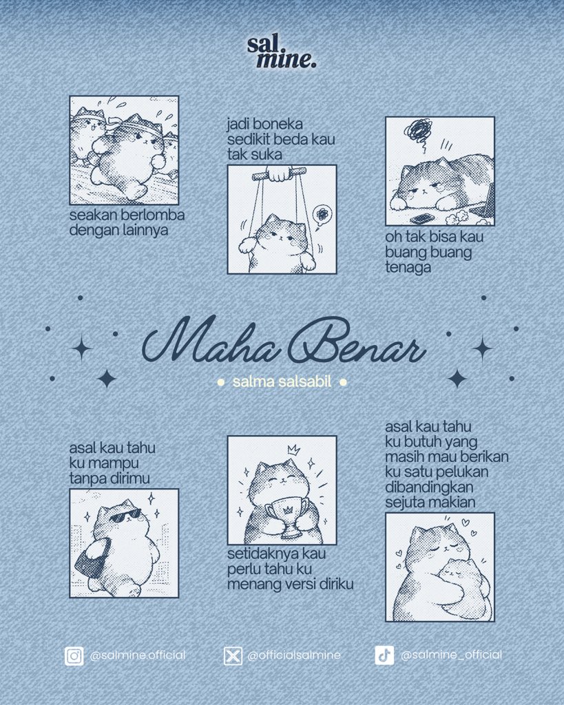 OfficialSalmine's tweet photo. Salah ya tebakannya? 🤣
mama besar ❌
maha besar ❌
maha benar ✅

Tanpa fafifu, akan segera rilis lagu baru dari Salma Salsabil berjudul “maha benar”

Jangan lupa pre-save &amp; pre-add dulu di semua digital streaming platform musik, bisa klik tautan yang ada di bio kita ya! 😎 https://t.co/XhQxmEgLsO