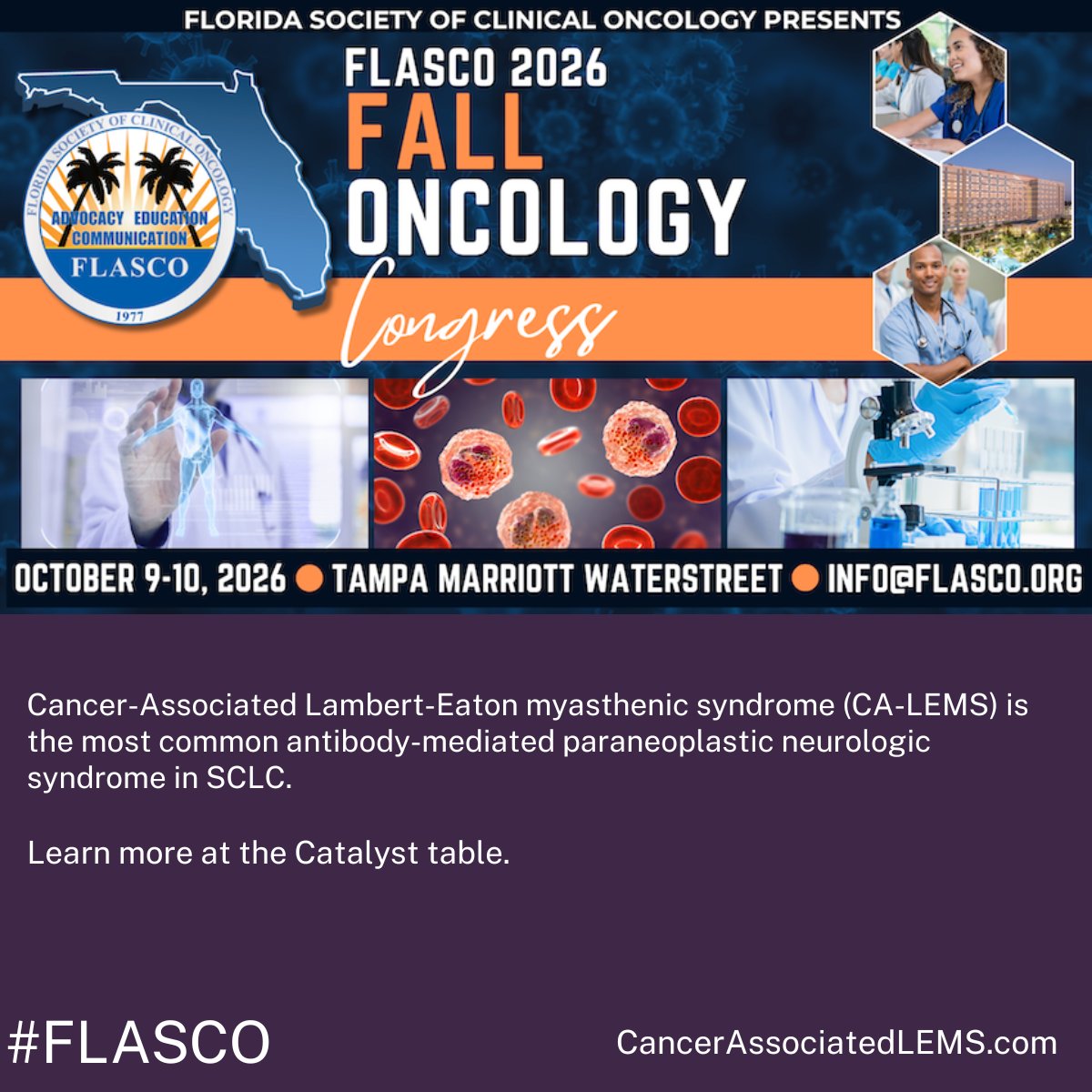 CatalystForRare's tweet photo. The Catalyst team is proud to be attending @FLASCO_ORG's Congress 2026. We’re looking forward to joining oncology professionals from across the field as they exchange insights and work toward improving outcomes for patients. 

Come visit us to learn more about how Lambert-Eaton myasthenic syndrome (LEMS) is often linked to a small cell lung cancer (SCLC) diagnosis: https://t.co/ZyukV7etb1.

#oncology #SCLC #LEMS #FLASCO