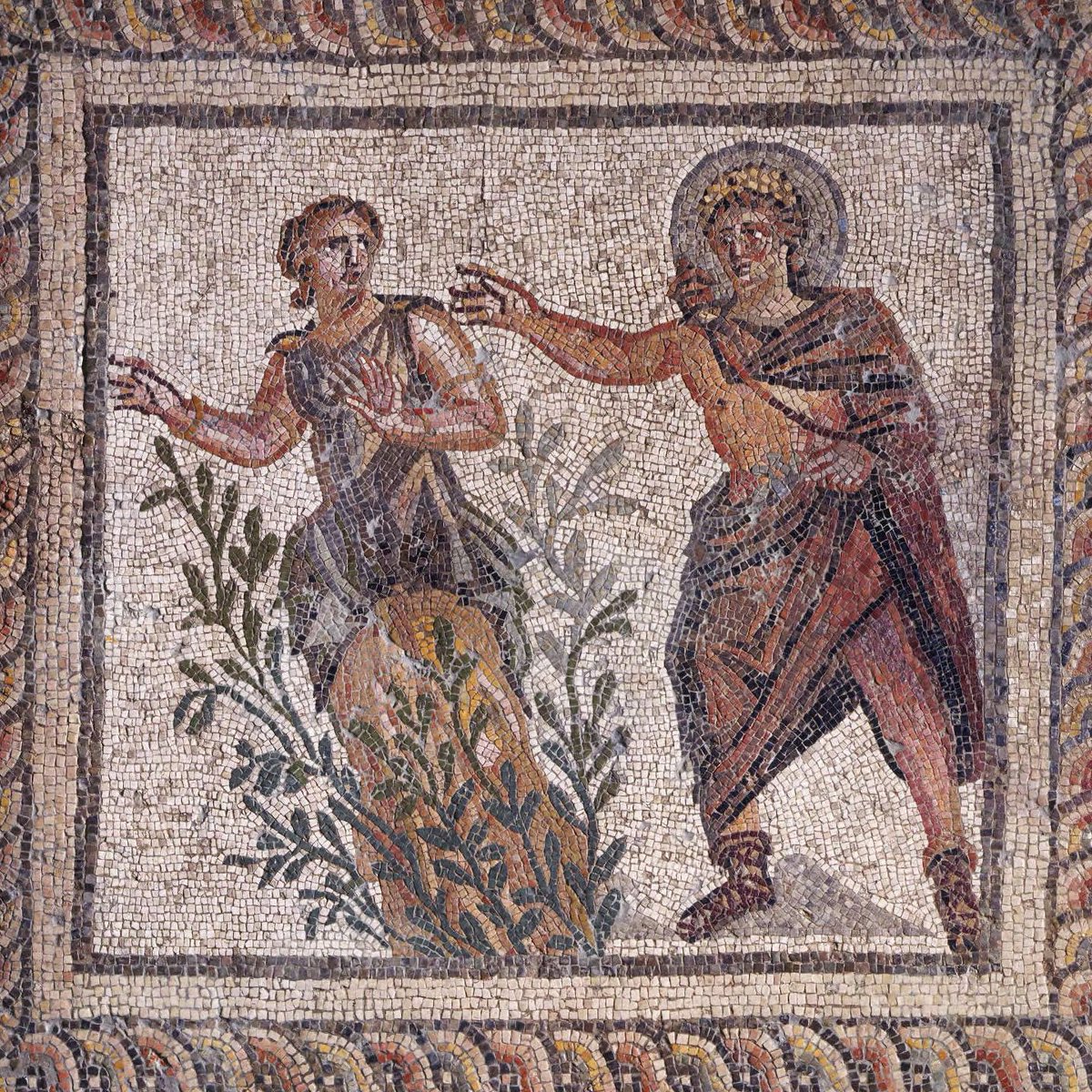 resclassicae's tweet photo. Apollo Pursuing Daphne, Roman mosaic, Late 3rd century AD. Photo courtesy of the Princeton University Art Museum. https://t.co/uYl2bI2Ivv