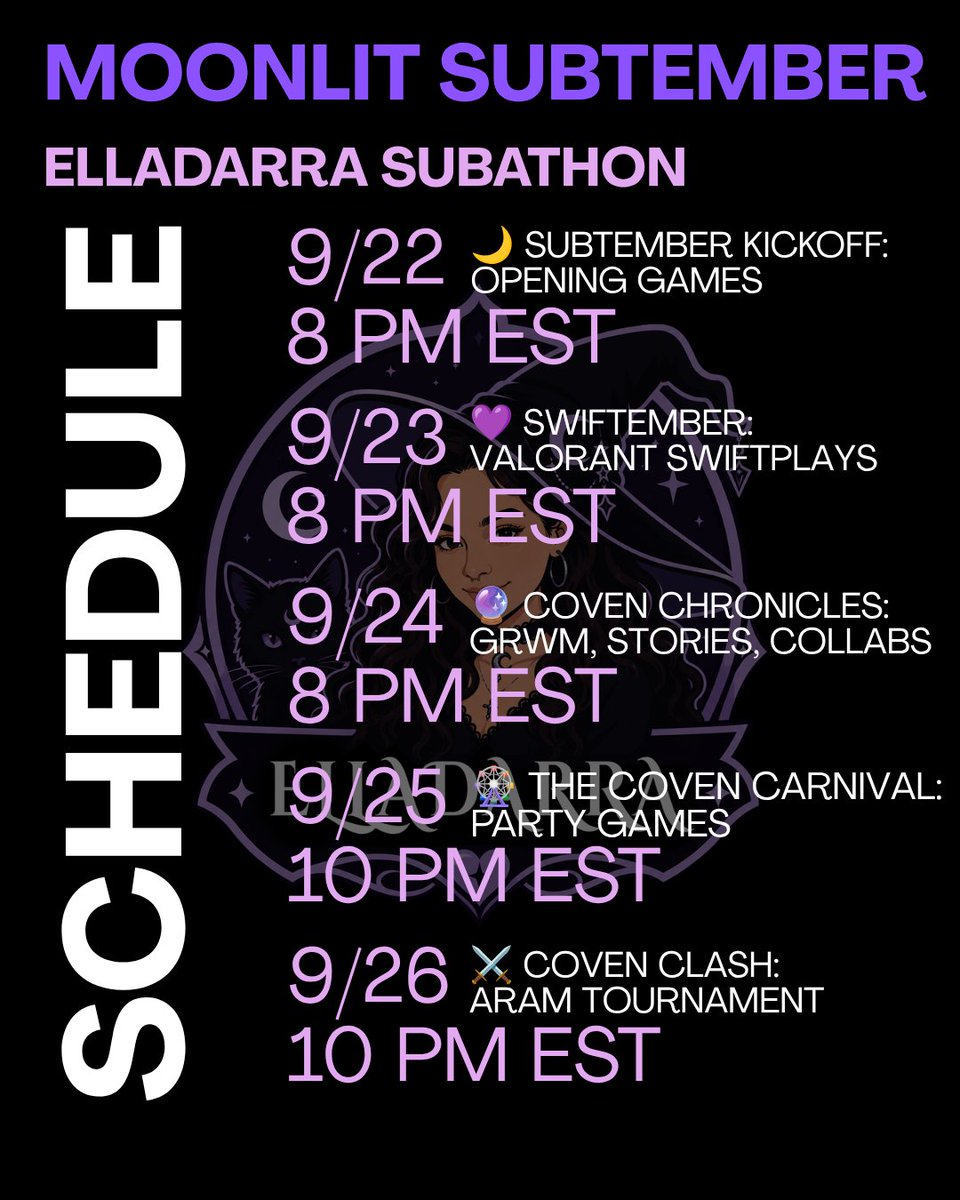 elladarrattv's tweet photo. subtember is getting a little extra fun 🌙💜

we’ve got lunar loot giveaways, riot gift cards, vip, a custom emote, a cosplay stream unlock, and a chance to win the 2026 champions bundle ✨

deets: https://t.co/XvVpoL4Dx4
#gamergirl #twitchstreamer  #giveaway #twitchaffiliate https://t.co/eAjI7GBS0q