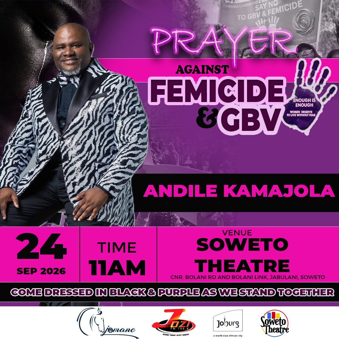 jozifm's tweet photo. We are honoured to announce that Gospel Sensations #ZazaMokhethi #MphoPutini #AndileKaMajola &amp; #PaulK will be joining us as we stand against Femicide &amp; GBV!

Come through and let's pray, heal and worship together! You don't want to miss this powerful moment!💜🖤 https://t.co/f7AEBSopaz
