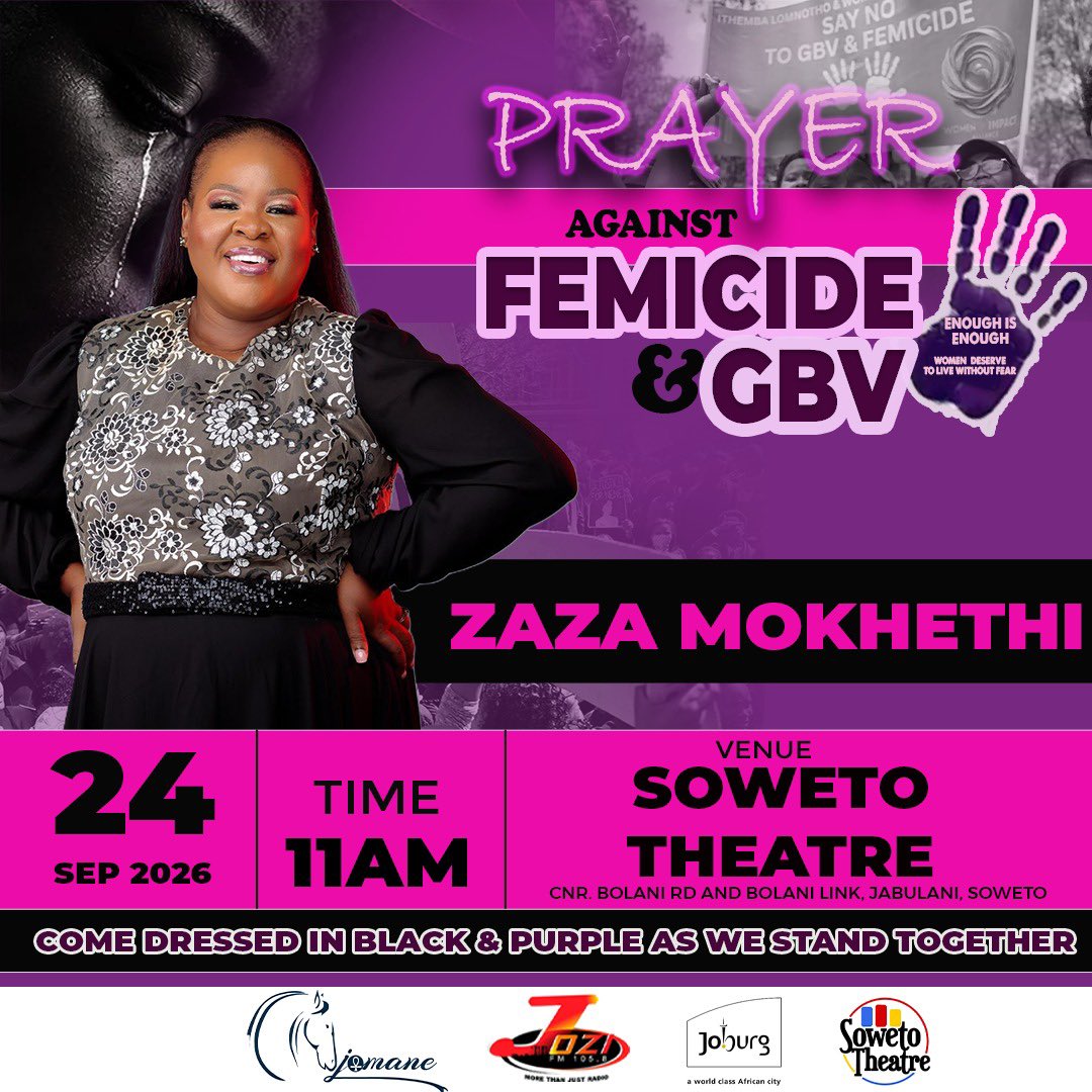 jozifm's tweet photo. We are honoured to announce that Gospel Sensations #ZazaMokhethi #MphoPutini #AndileKaMajola &amp; #PaulK will be joining us as we stand against Femicide &amp; GBV!

Come through and let's pray, heal and worship together! You don't want to miss this powerful moment!💜🖤 https://t.co/f7AEBSopaz