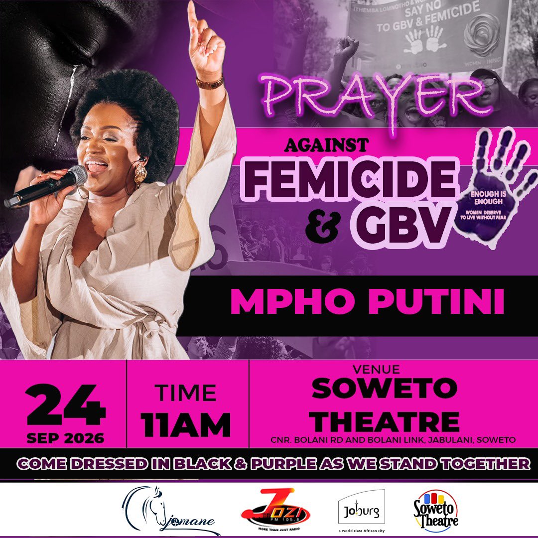 jozifm's tweet photo. We are honoured to announce that Gospel Sensations #ZazaMokhethi #MphoPutini #AndileKaMajola &amp; #PaulK will be joining us as we stand against Femicide &amp; GBV!

Come through and let's pray, heal and worship together! You don't want to miss this powerful moment!💜🖤 https://t.co/f7AEBSopaz