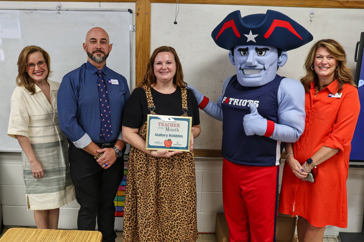 NWSCC's tweet photo. We are excited to partner with the Shoals Chamber to present the Shoals Teacher of the Month for September! Congratulations to MaCara Woods at Forest Hills Elementary & Mallory Robbins at Central Middle School for being selected. #nwscc #GoPatriots #ourcommunity #YourCollege https://t.co/iD5tDqVqbw