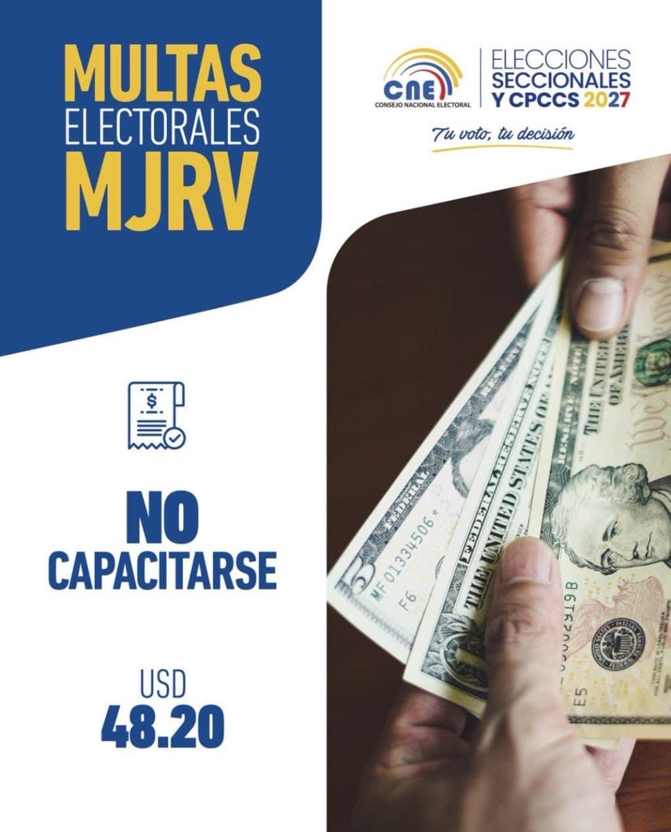 CNE_ElOro's tweet photo. 🗳️ Ser Miembro de Junta Receptora del Voto es asumir un compromiso con la democracia.

👩🏻‍🏫 Prepárate para la jornada electoral cumpliendo con tu capacitación presencial.

⚠️ Recuerda: la inasistencia a la capacitación puede generar una multa de USD 48,20.

#MJRV #Elecciones2027Ec https://t.co/mucvQ8YOTZ