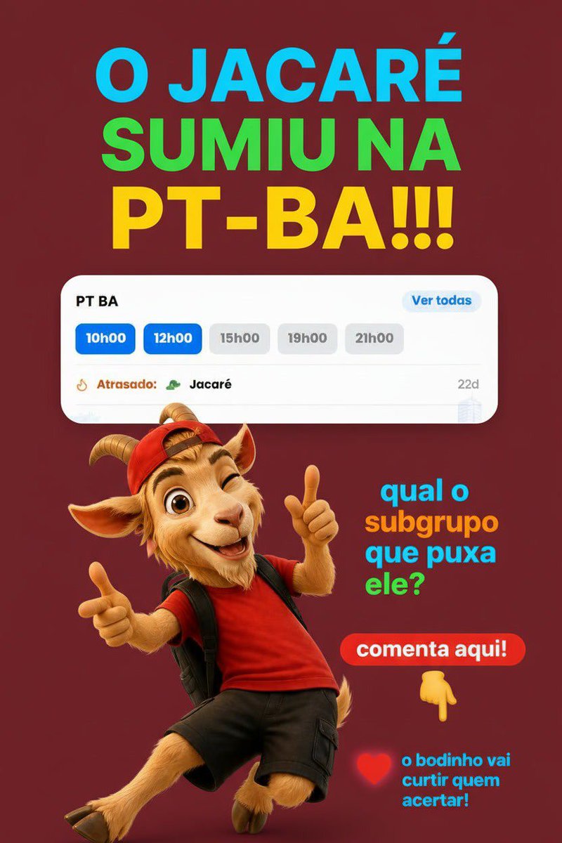 Bodedobicho's tweet photo. O Jacaré tá atrasado na PT-BA e isso já colocou o grupo no radar do Bodinho. 👀🐊

Agora quero ver quem acompanha a leitura: qual subgrupo puxa o Jacaré?

Comenta aqui — o Bodinho vai conferir quem acertou. 👇

#Bodinho #Analise #Observacao #Tendencias #Sequencias #Curiosidades https://t.co/PxJIQcZBU1