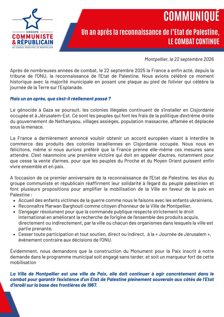 groupeComRepMtp's tweet photo. 🇵🇸 Un an après la reconnaissance de l'État de Palestine à l'ONU par la France, le combat continue ! https://t.co/VGG5u9XEdS