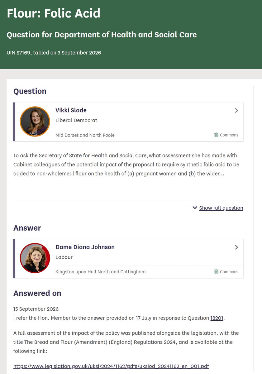 ClareCraigPath's tweet photo. MP Vikki Slade asks about health impacts of folic acid.

Response refers her to a COST benefit analysis.

No assessment of health risks has been done. 

Sign the petition. https://t.co/NW1vKHepN6