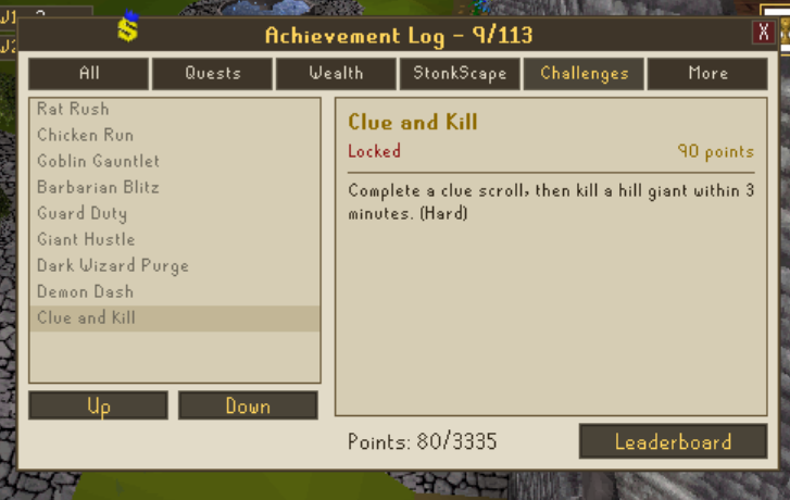stonk_scape's tweet photo. Achievement log has been updated with special challenges and points for every single quest completed.

Total Points: 3,335.

3 days to go. https://t.co/4joFb8Vz2D