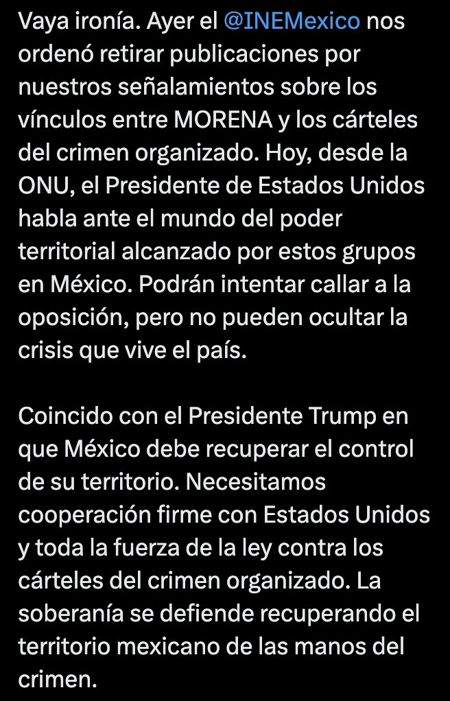 azucenau's tweet photo. 🔴Alejandro Moreno respaldó las declaraciones del presidente Donald Trump ante la ONU sobre la violencia de los cárteles en México. 

El dirigente del PRI acusó a Morena de evadir la crisis y pidió recuperar el control territorial, así como reforzar la cooperación con EU. https://t.co/o00dT3GyYB