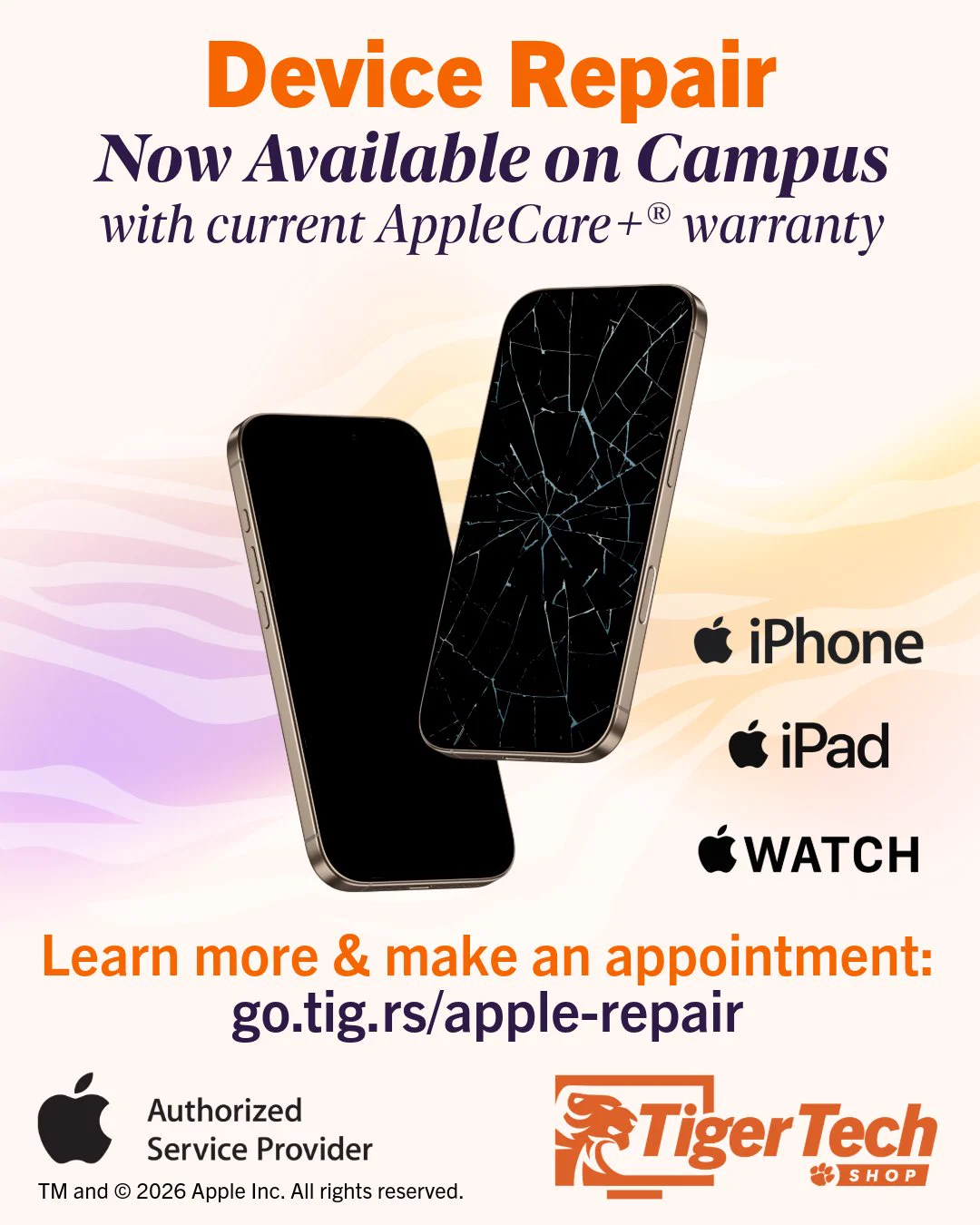 Apple device repair now available on campus for eligible iPhone, iPad and Apple Watch devices with a current AppleCare+ warranty! Learn more and make an appointment: go.tig.rs/apple-repair