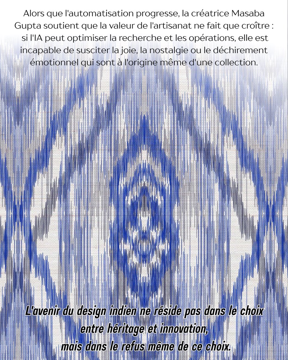 IndiaembFrance's tweet photo. En Inde, le design n'a jamais constitué une discipline à part : il s'exprimait dans les motifs sculptés d'un ustensile domestique, dans la symbolique des bijoux d'une villageoise ou dans l'architecture d'un lieu de culte.

Le pays produit environ 95 % des tissus tissés à la main dans le monde et sa culture du coton remonte à près de 9 000 ans ; le Kantha, le Phulkari, l'Ikat et les jouets de Channapatna incarnent des savoir-faire vivants, bien loin des simples reliques exposées derrière les vitrines d'un musée.

Alors que l'automatisation progresse, la créatrice Masaba Gupta soutient que la valeur de l'artisanat ne fait que croître : si l'IA peut optimiser la recherche et les opérations, elle est incapable de susciter la joie, la nostalgie ou le déchirement émotionnel qui sont à l'origine même d'une collection.

L'avenir du design indien ne réside pas dans le choix entre héritage et innovation, mais dans le refus même de ce choix.